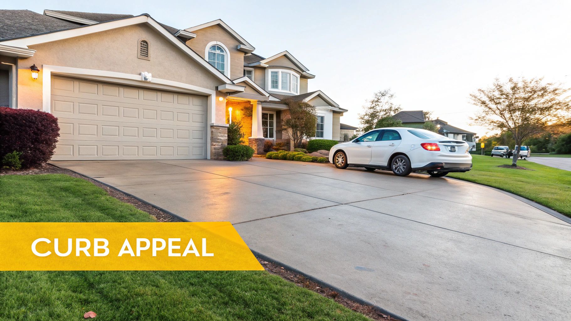 A spacious beige house with a two-car garage and a pristine concrete driveway leading to the street.