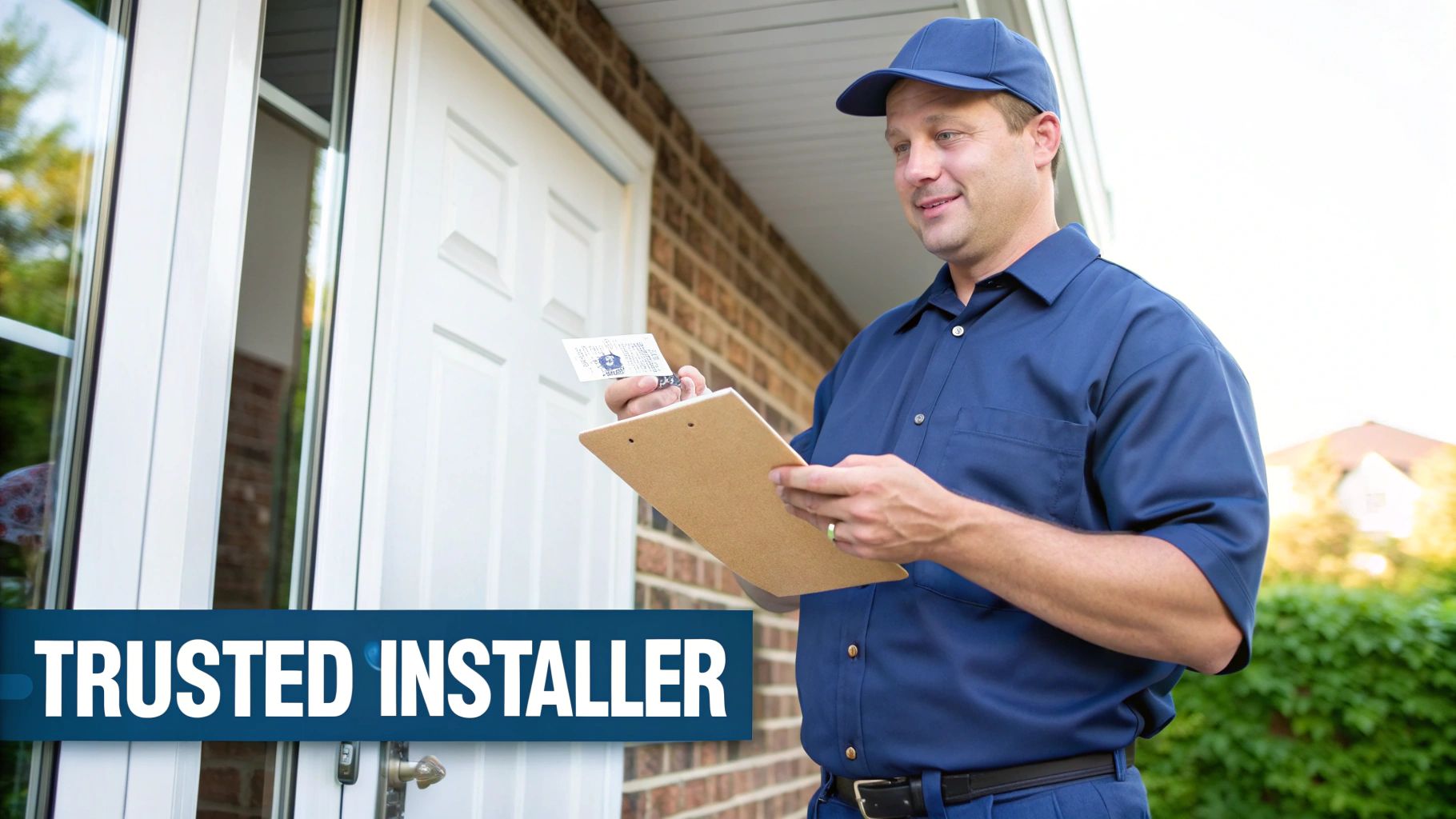 A smiling male installer in a blue uniform holds a clipboard and business card by a white door.