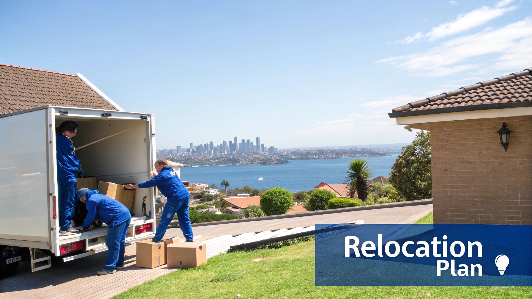 Professional movers load cardboard boxes into a white truck with a scenic city skyline and bay in the background.