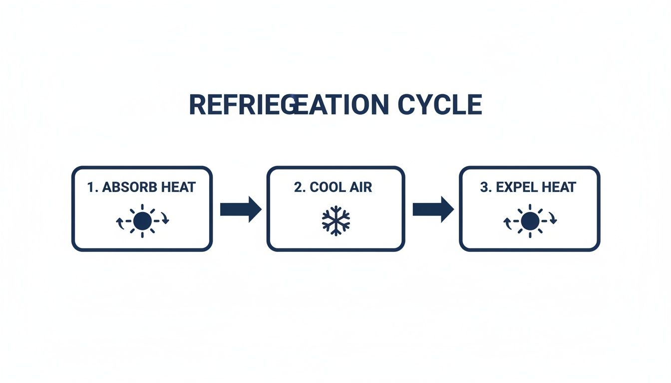 A simple diagram illustrates the refrigeration cycle: 1. Absorb heat, 2. Cool air, 3. Expel heat.