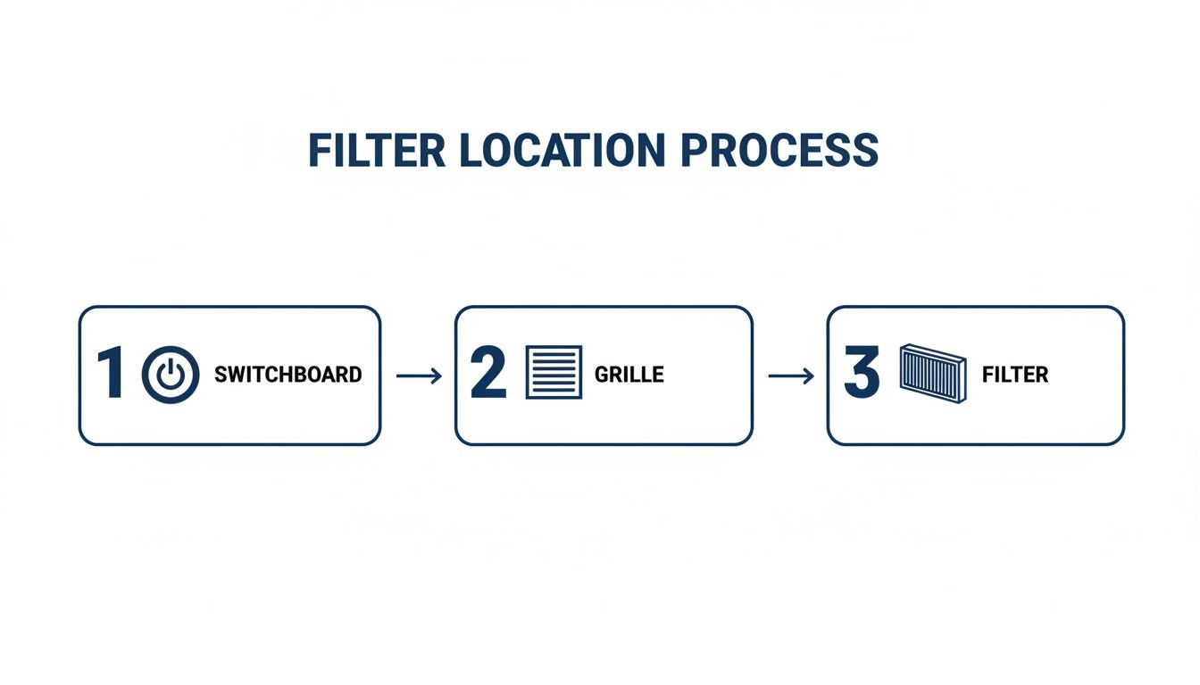 Diagram showing a three-step process to locate a filter: switchboard, grille, and then the filter itself.