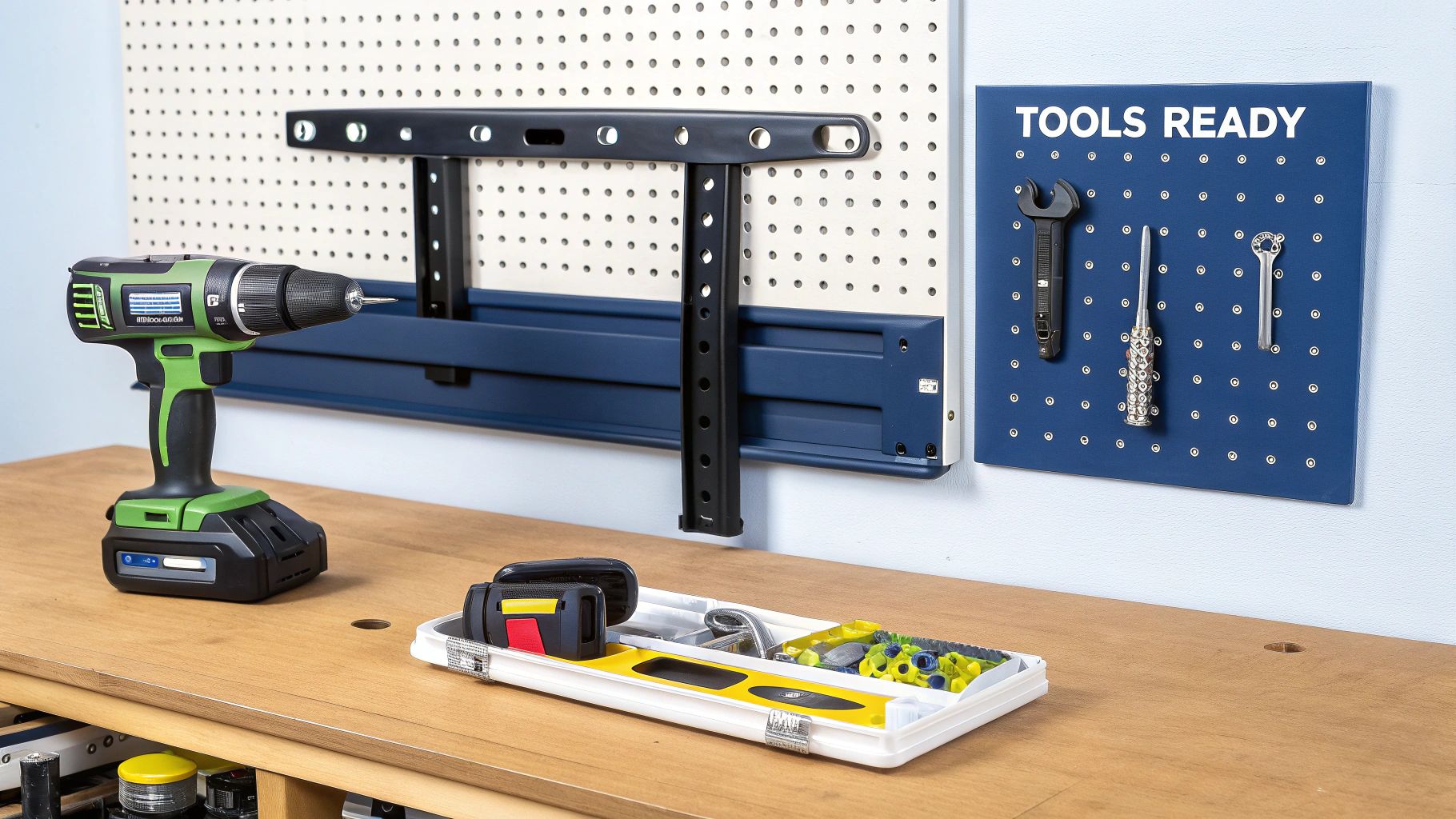 A person securely installing a TV mount onto a wall with a power drill.