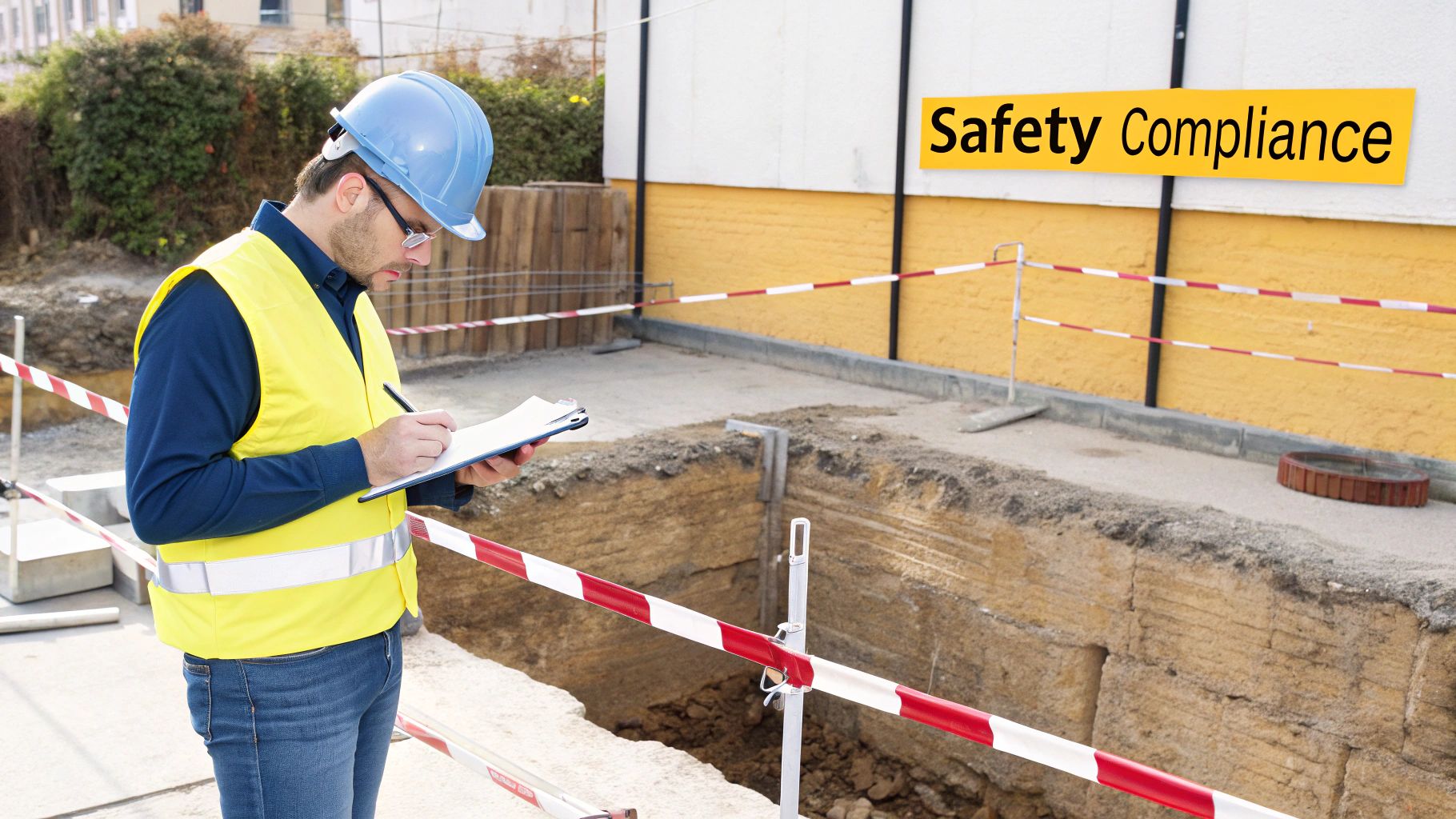 A construction worker in a hard hat and safety vest inspects a trench at a construction site.