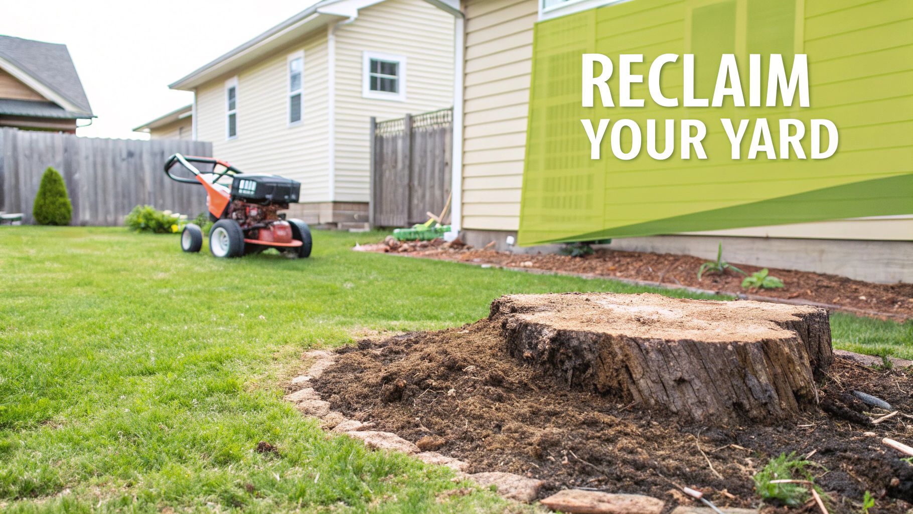 A large tree stump in a backyard with a stump grinder and houses in the background, promoting yard reclamation.