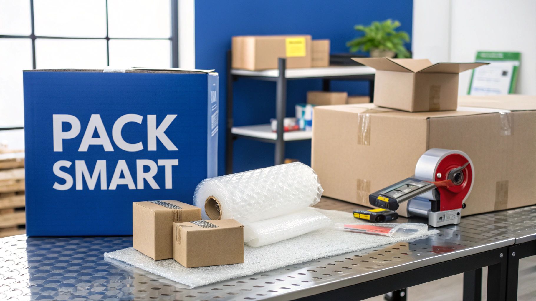 A blue 'PACK SMART' box, bubble wrap, and a packing tape dispenser on a metal table.
