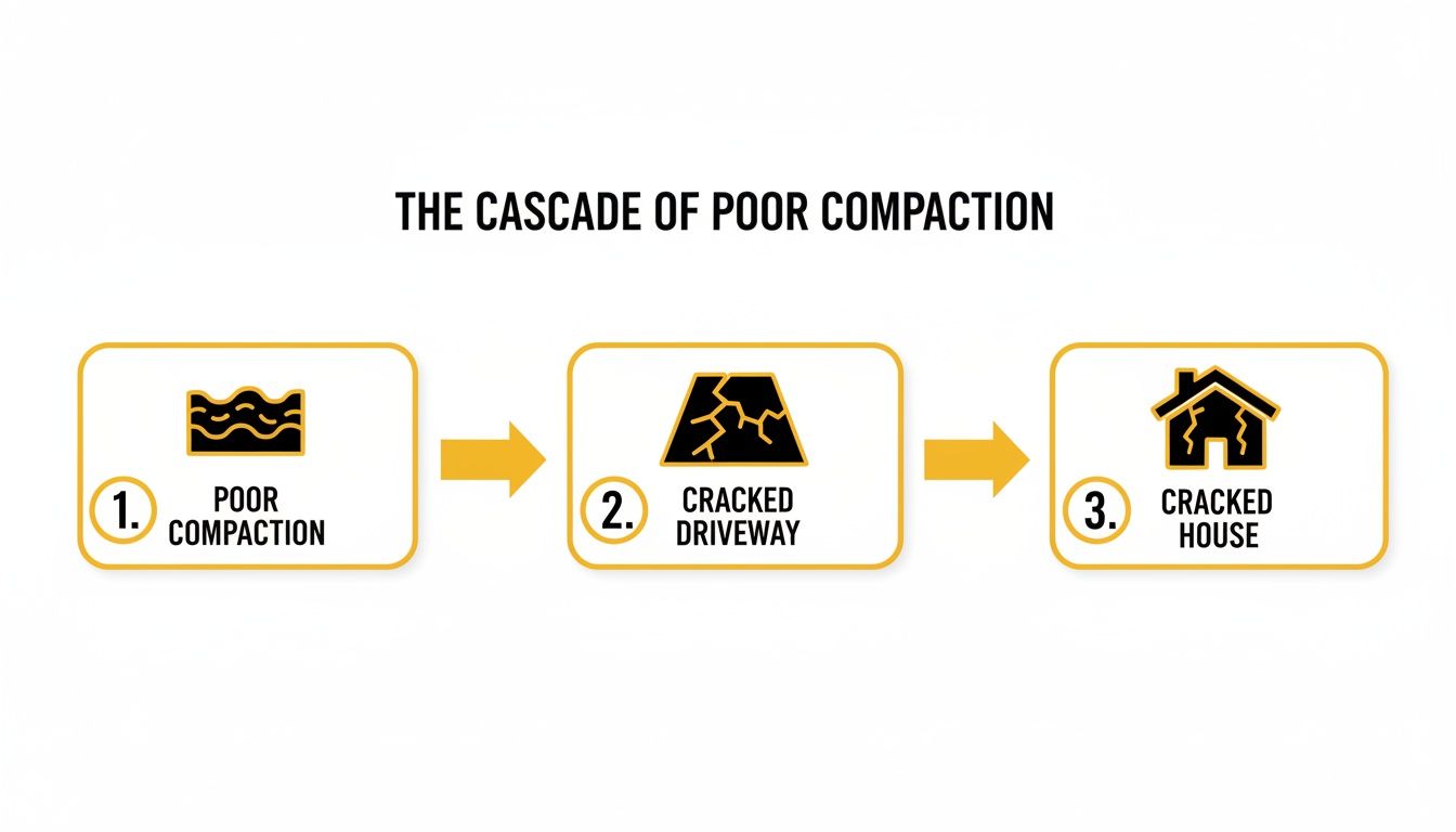 A diagram illustrating the cascade of poor compaction, leading to cracked driveways and houses.