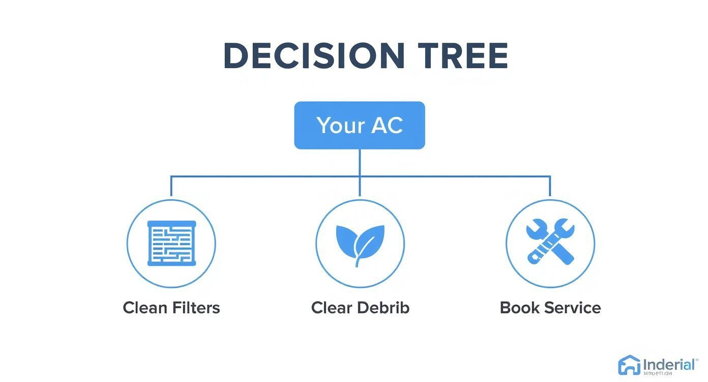 An infographic decision tree showing the first steps to take when your air conditioner is not performing well, starting with cleaning filters, clearing debris from the outdoor unit, and booking a professional service.