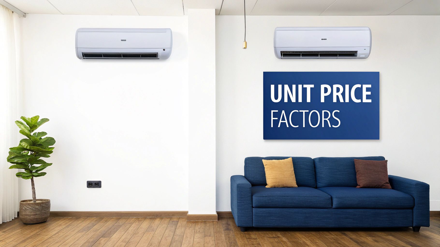 Bright room featuring two wall-mounted split AC units, a blue sofa, and a 'UNIT PRICE FACTORS' poster.