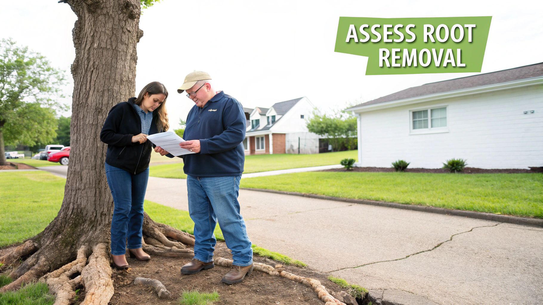 Two people assess large tree roots damaging a sidewalk, reviewing documents for root removal options.