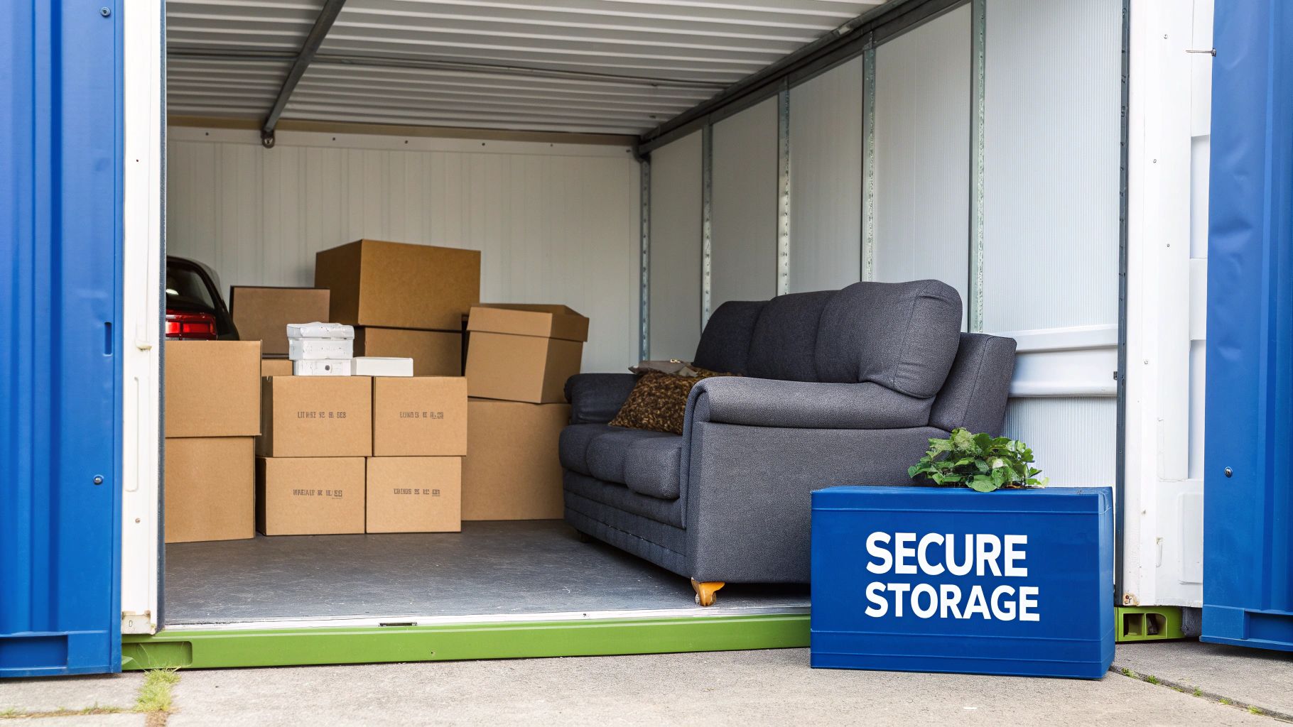 Interior of a storage unit with a sofa, boxes, and a car, plus a 'Secure Storage' box outside.