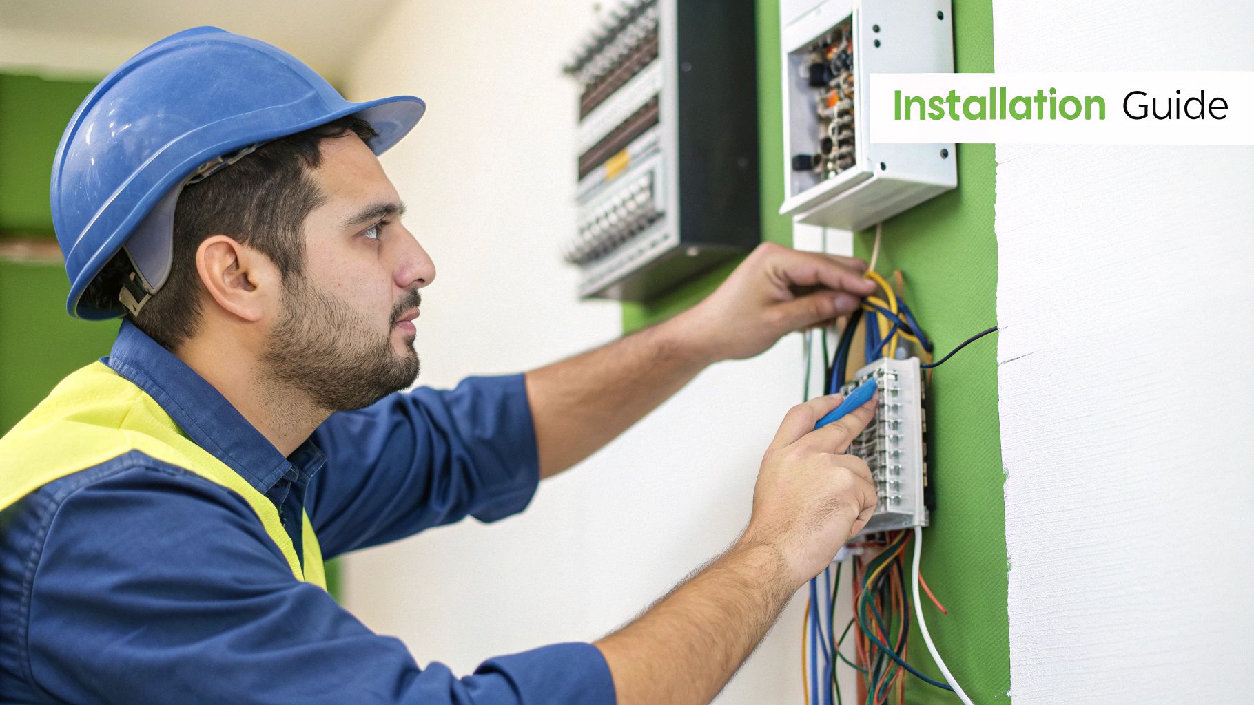 Technician installing a network cable in a wall.
