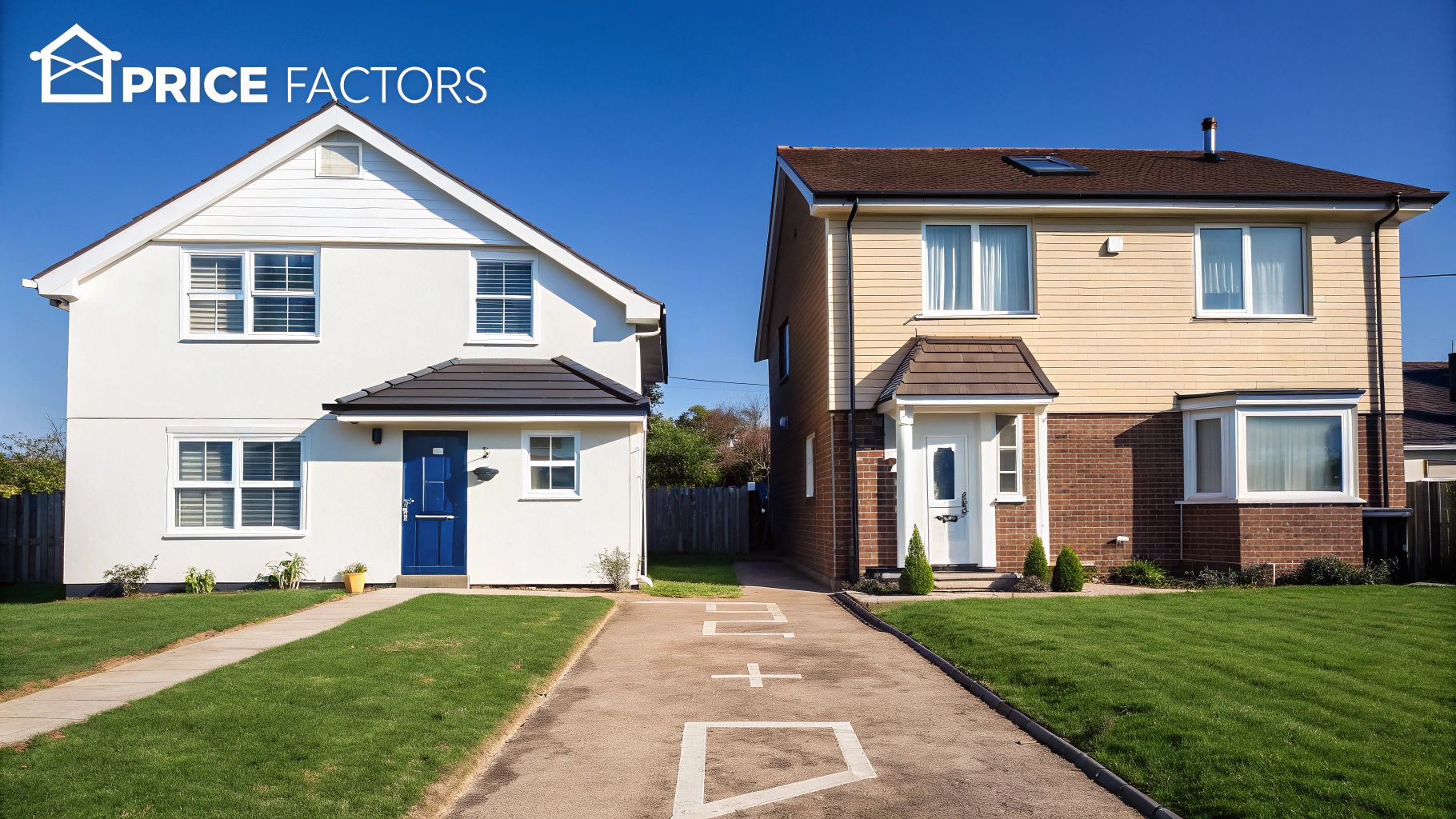 Two modern detached houses with green lawns and distinct architectural styles under a blue sky.