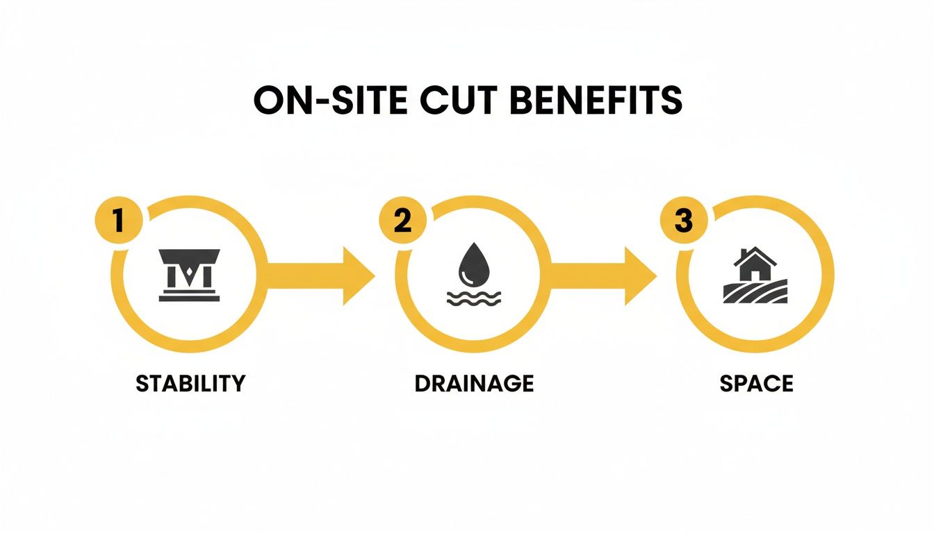 An infographic illustrating the three key benefits of on-site cuts: stability, drainage, and space.