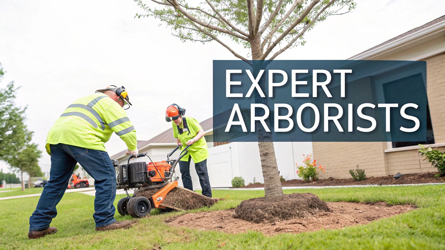 Two arborists in safety gear operate a stump grinder near a newly planted tree in a residential area.