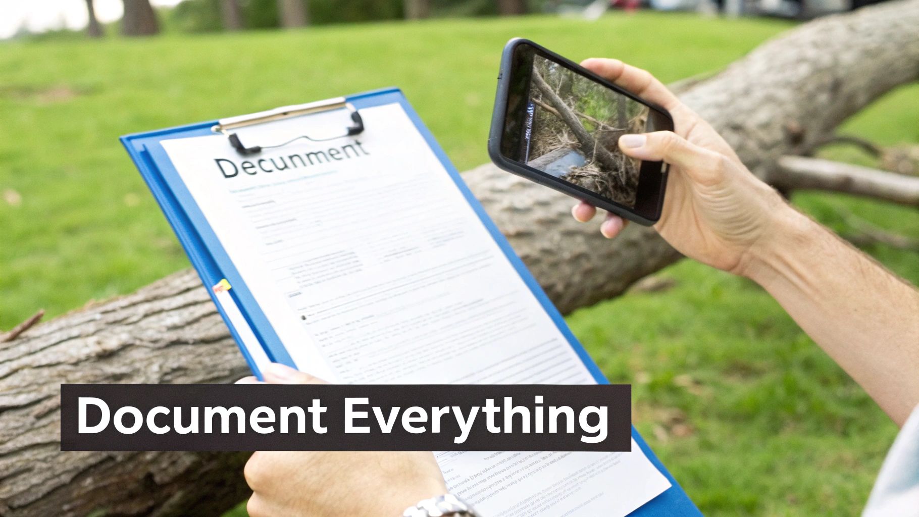 A person documents a fallen tree with a smartphone and clipboard, emphasizing thorough record-keeping.