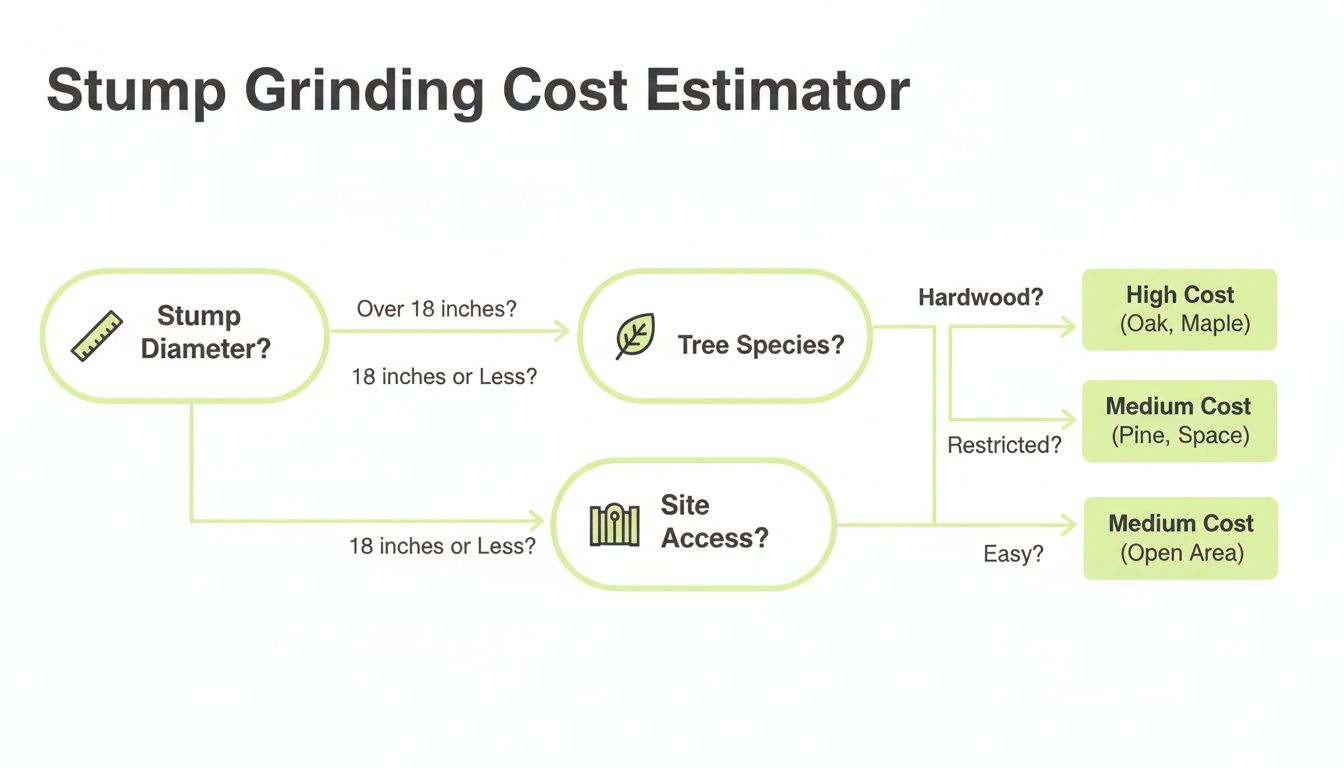 Flowchart illustrating a stump grinding cost estimator based on stump diameter, tree species, and site access.