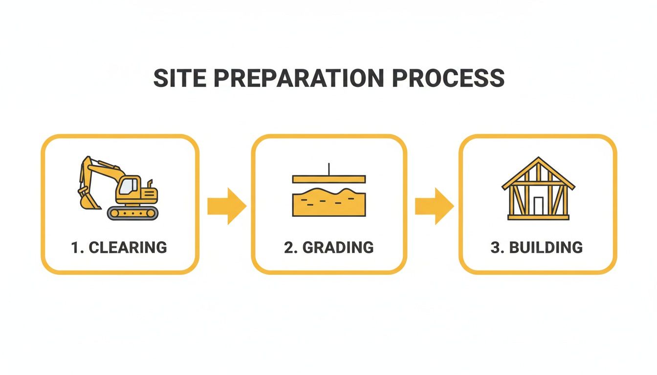 Infographic illustrating the three-step site preparation process: clearing, grading, and building a house frame.