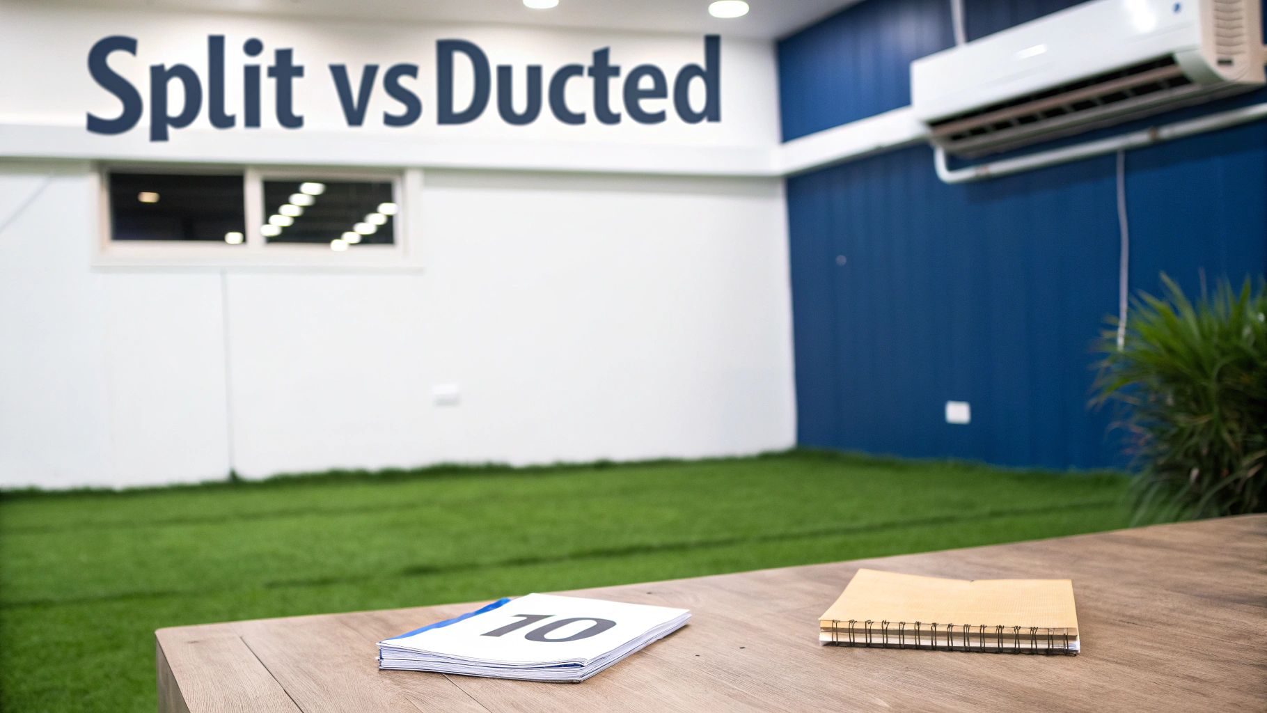 An indoor room comparing 'Split vs Ducted' AC, featuring an air conditioning unit and notebooks.