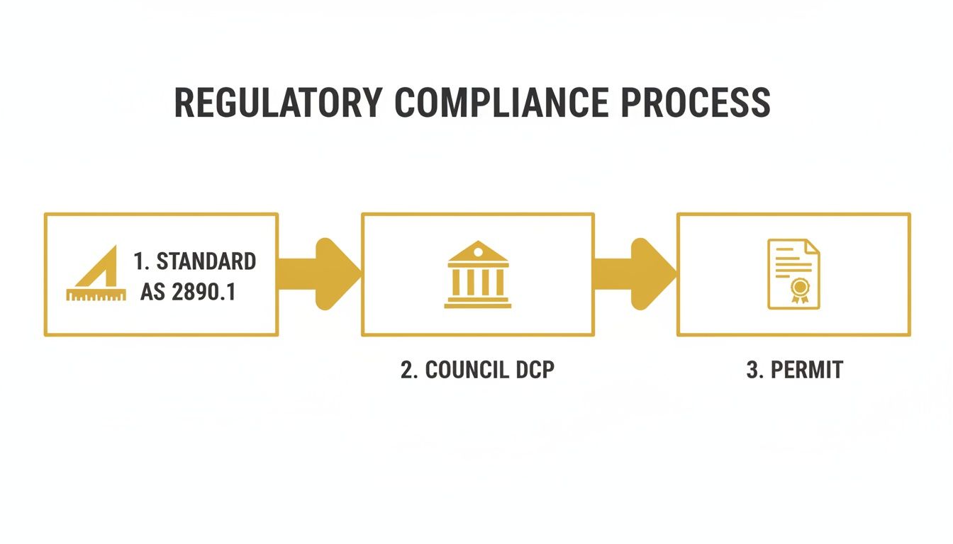 Flowchart illustrating the regulatory compliance process with steps for standard AS 2890.1, council DCP, and permit.