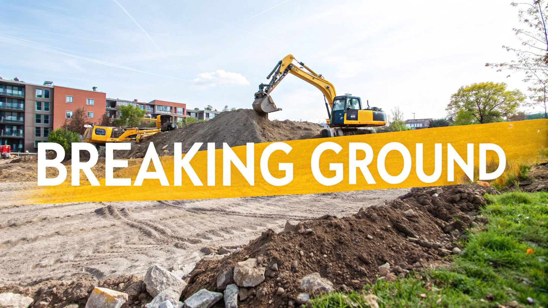 An excavator working on a construction site, levelling the ground.