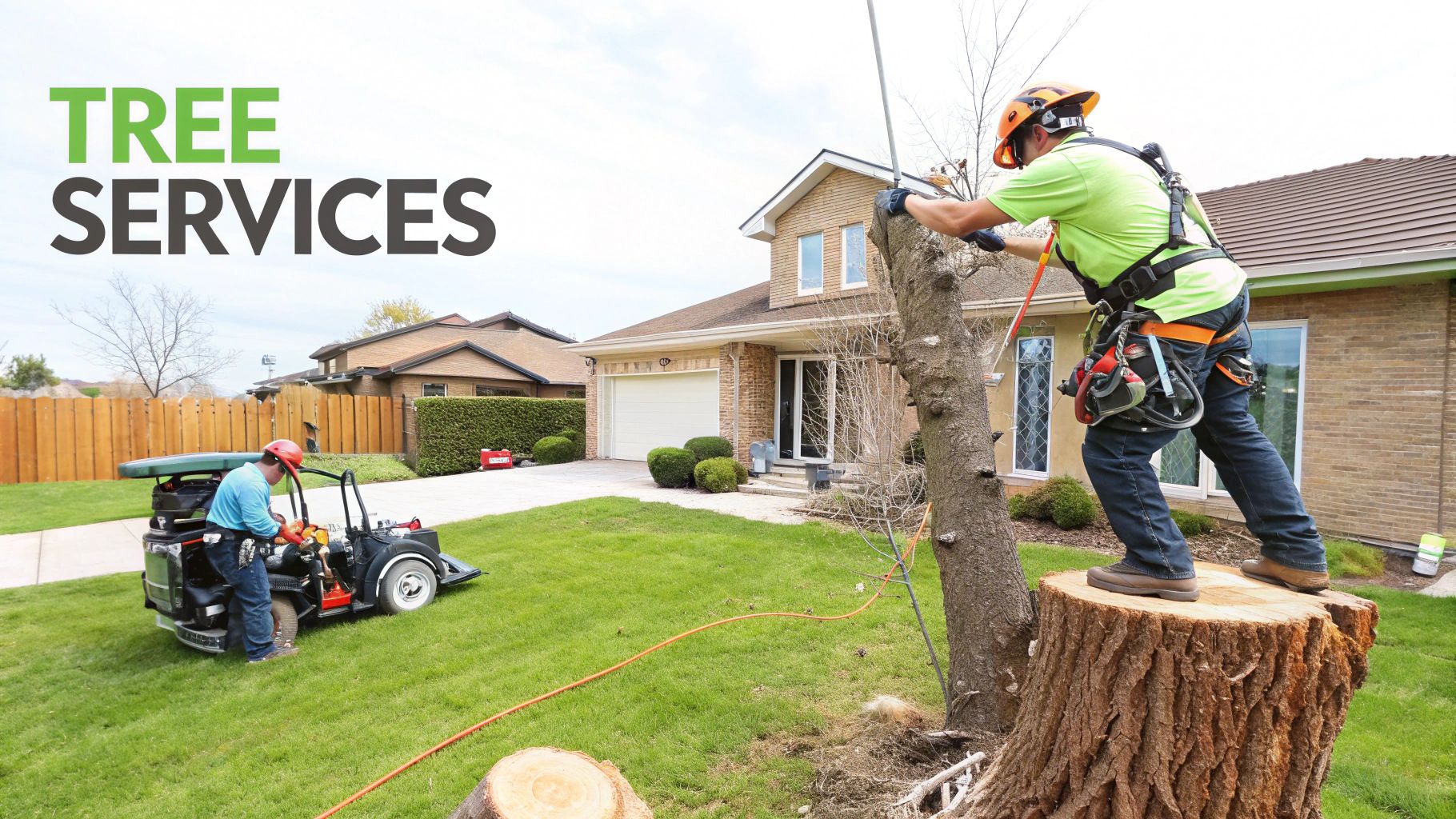 Professional arborists perform tree removal and trimming services in a residential garden.