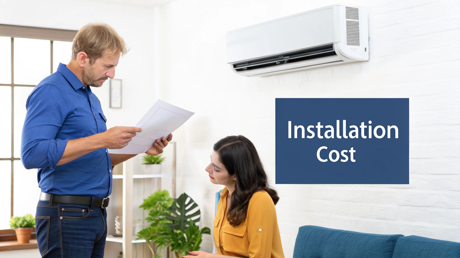 A technician discusses split AC unit installation costs with a female customer, holding plans.
