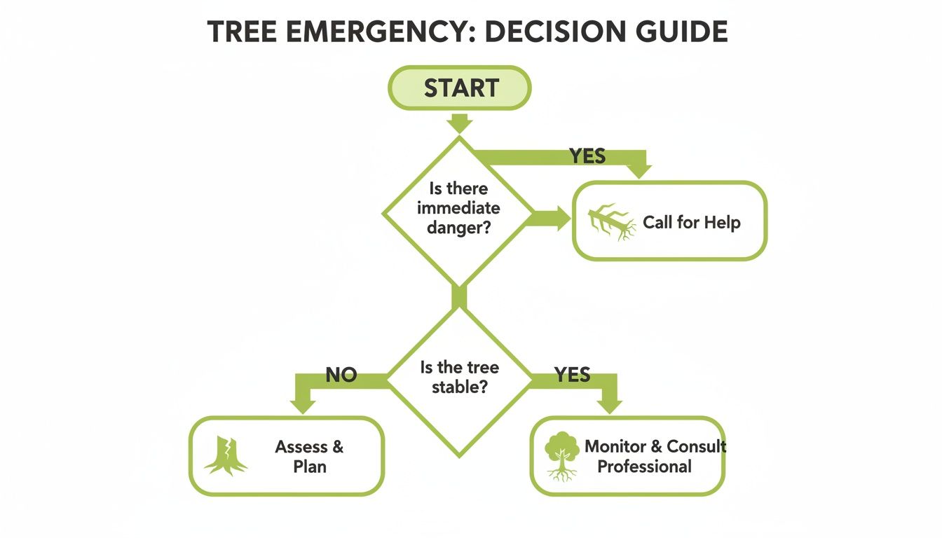 Flowchart titled 'Tree Emergency: Decision Guide' for assessing tree hazards.