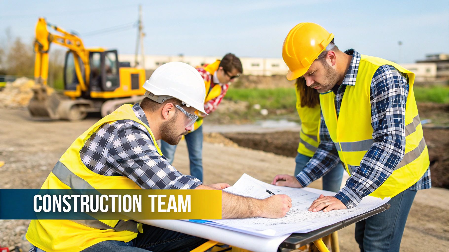 A construction team in hard hats and vests reviews blueprints at a construction site with an excavator.