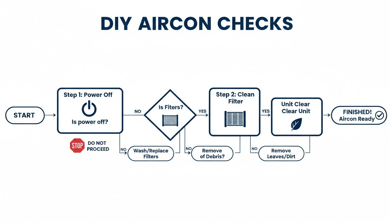 Flowchart detailing DIY air conditioner maintenance steps, including power off, filter cleaning, and unit clearing.