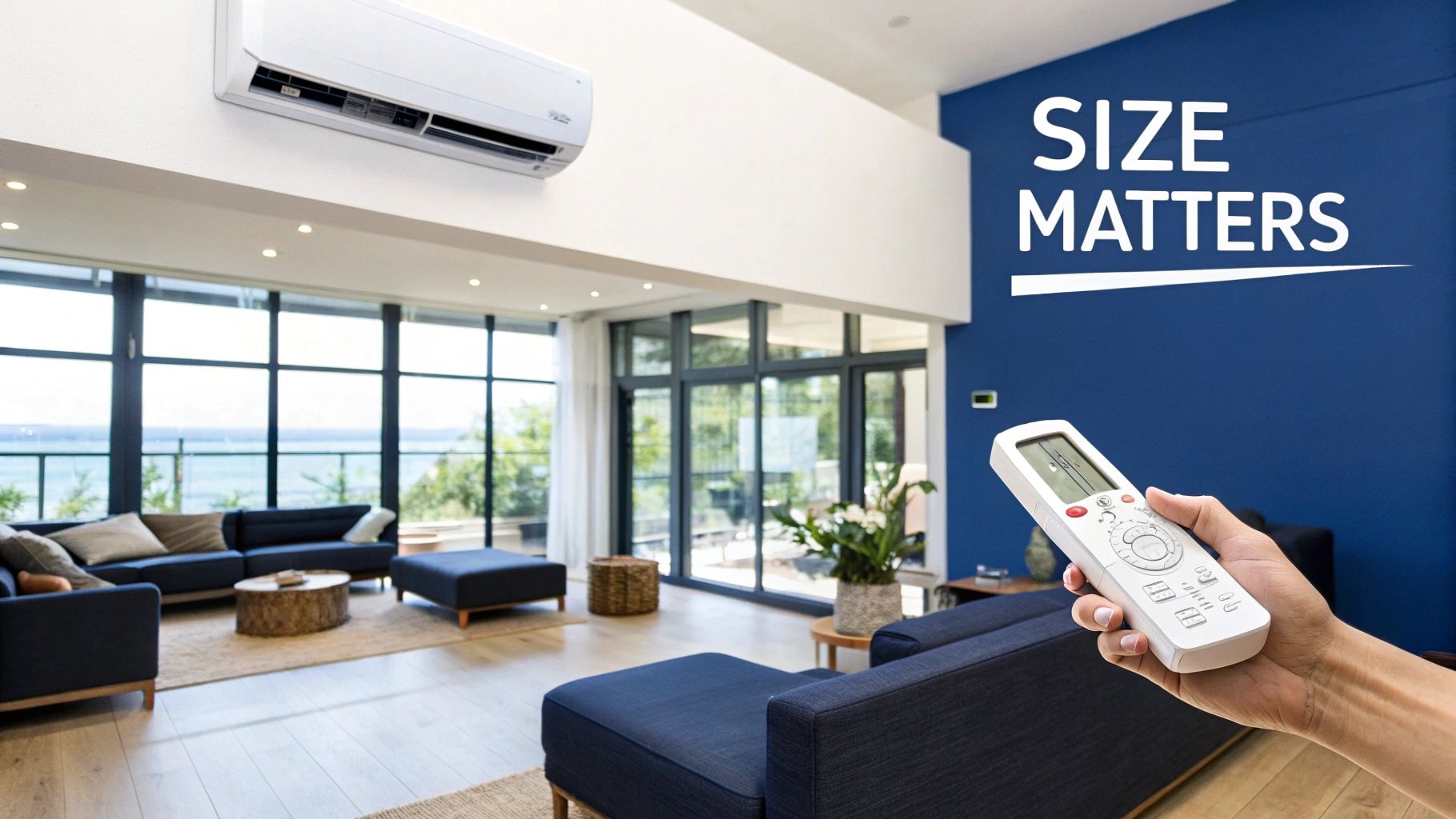 A person holds an AC remote in a modern living room with an air conditioner unit and 'SIZE MATTERS' on the wall.
