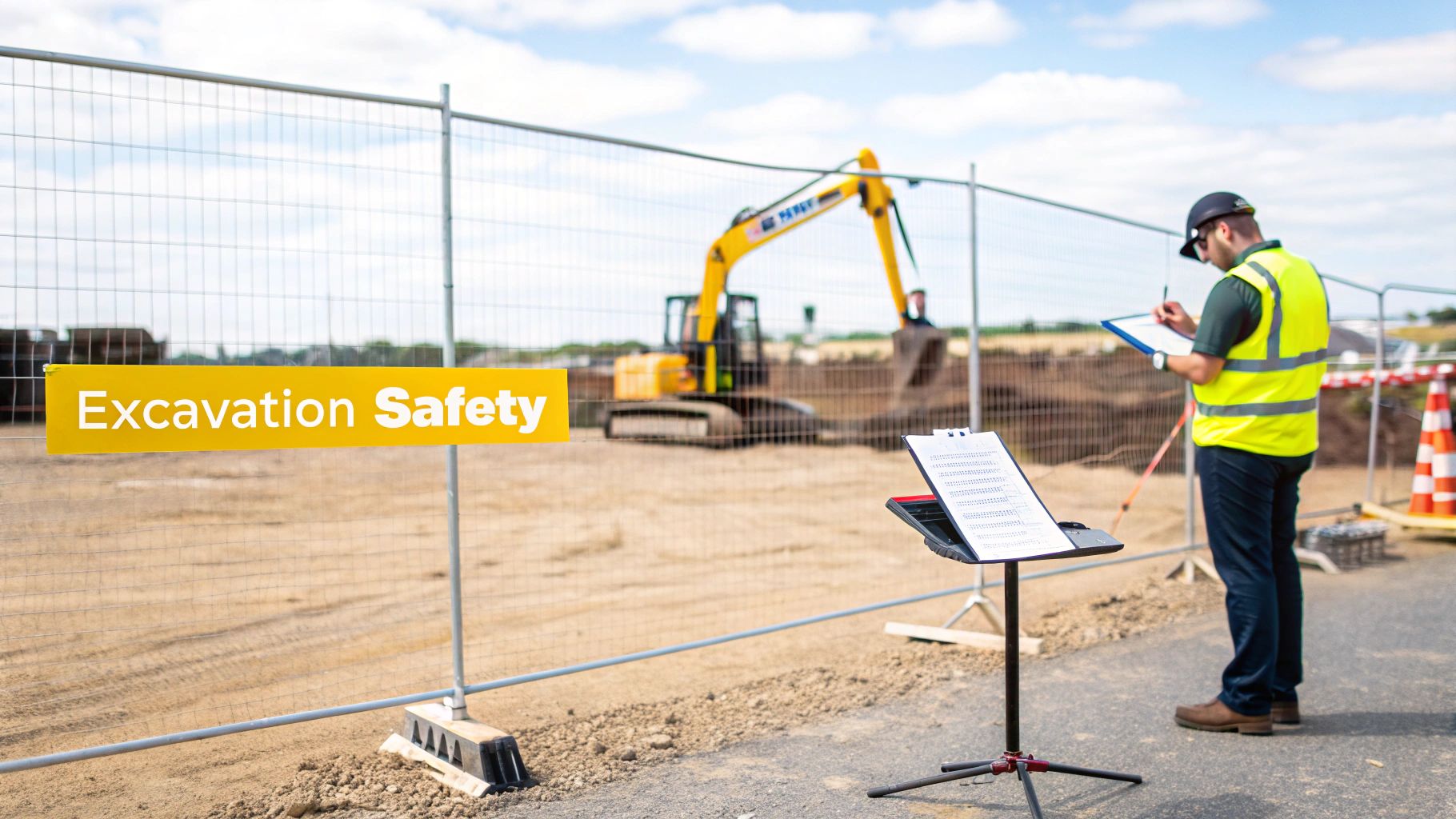 A safety officer inspects excavation protocols at a construction site with an excavator in the background.