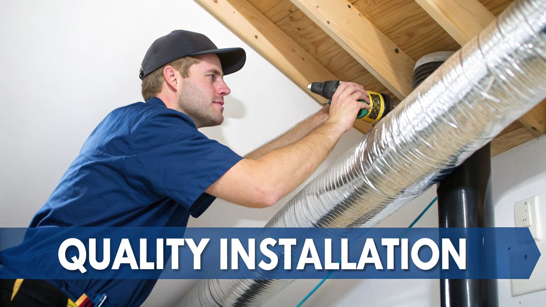 A male technician wearing a blue shirt and cap installs flexible ductwork using a drill.