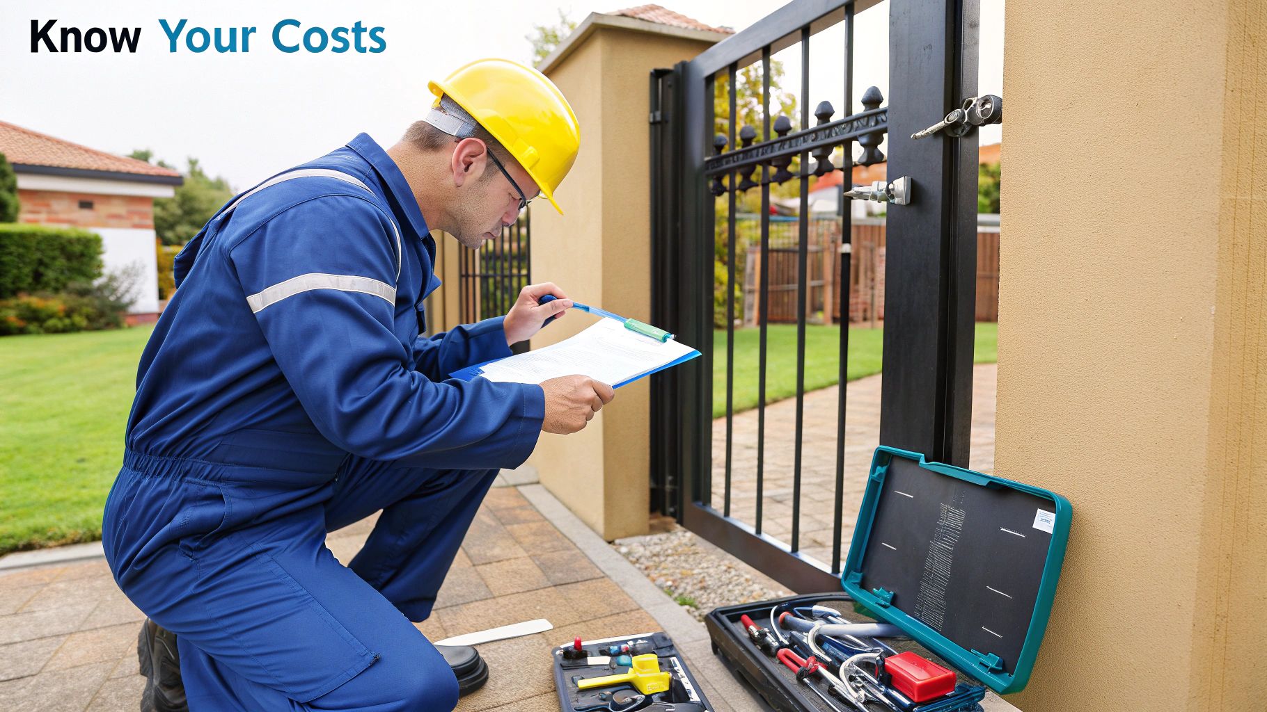 A professional technician installing an automatic gate motor on a driveway