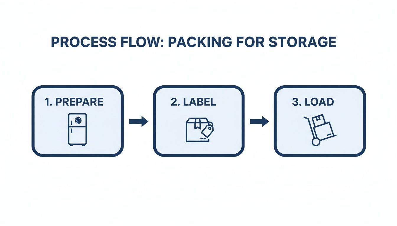 Process flow diagram illustrating three steps for packing items for storage: prepare, label, and load.