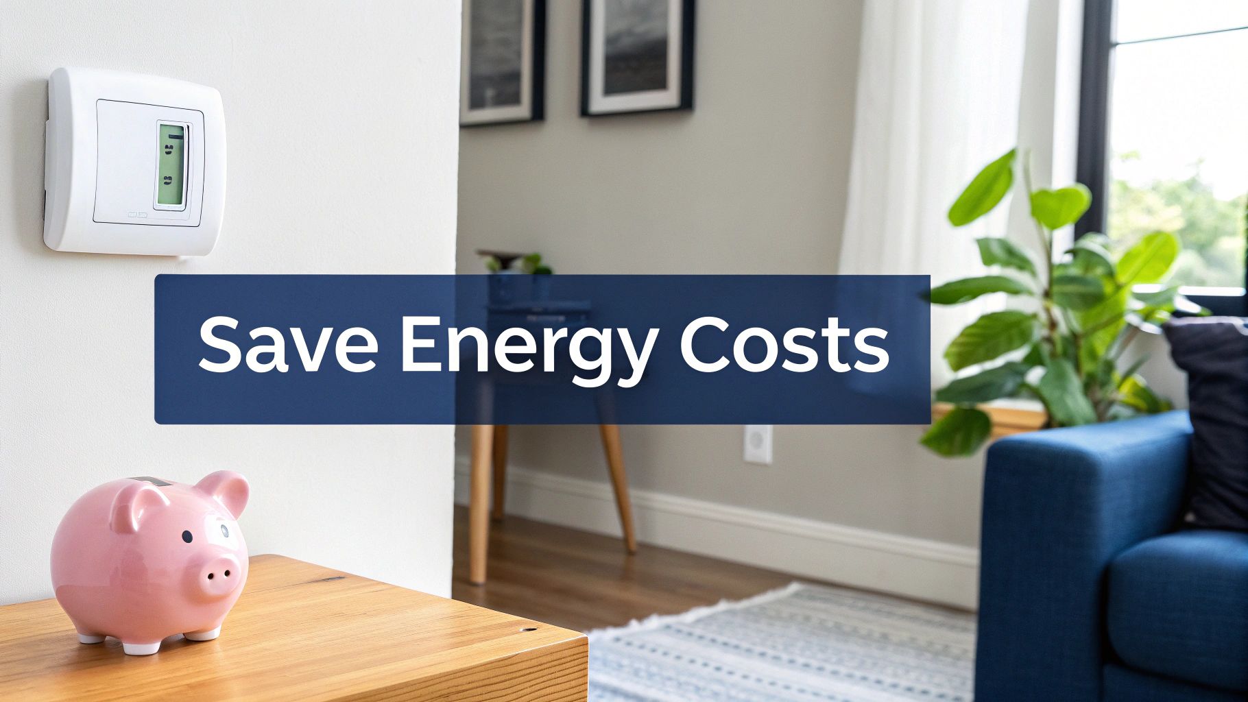 A white digital thermostat and a pink piggy bank, with a banner displaying 'Save Energy Costs'.
