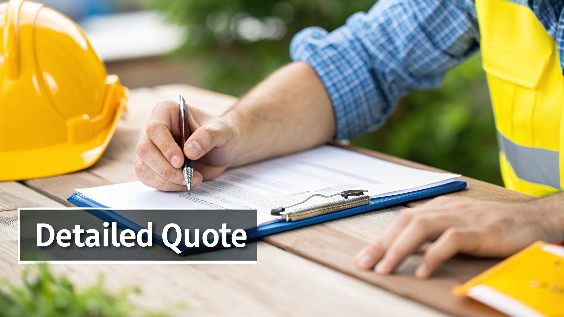A construction worker in a high-vis vest is writing a detailed quote on a clipboard outdoors, with a hard hat nearby.