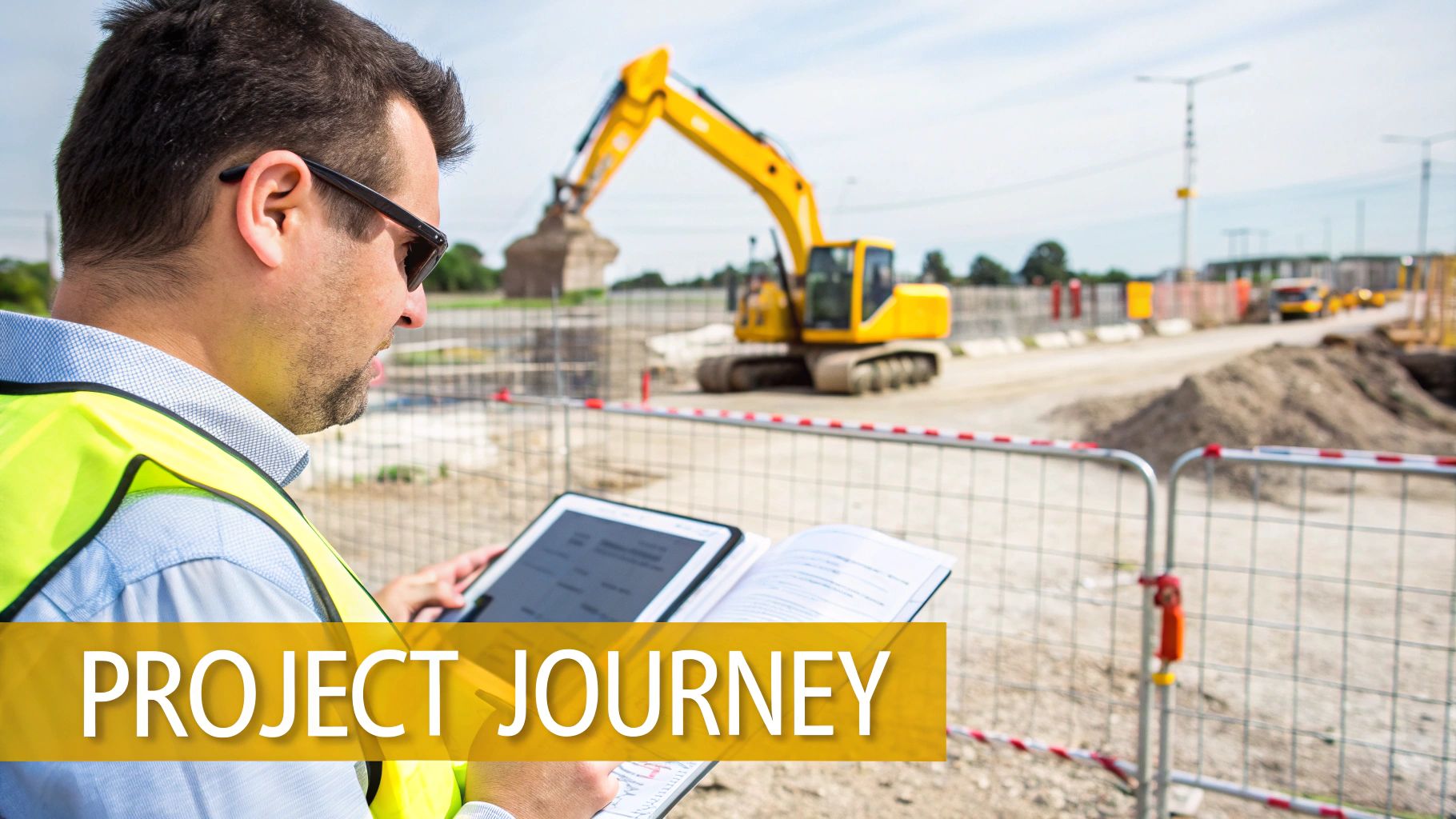 A man in a safety vest and sunglasses reviews plans on a tablet at an active construction site with an excavator.