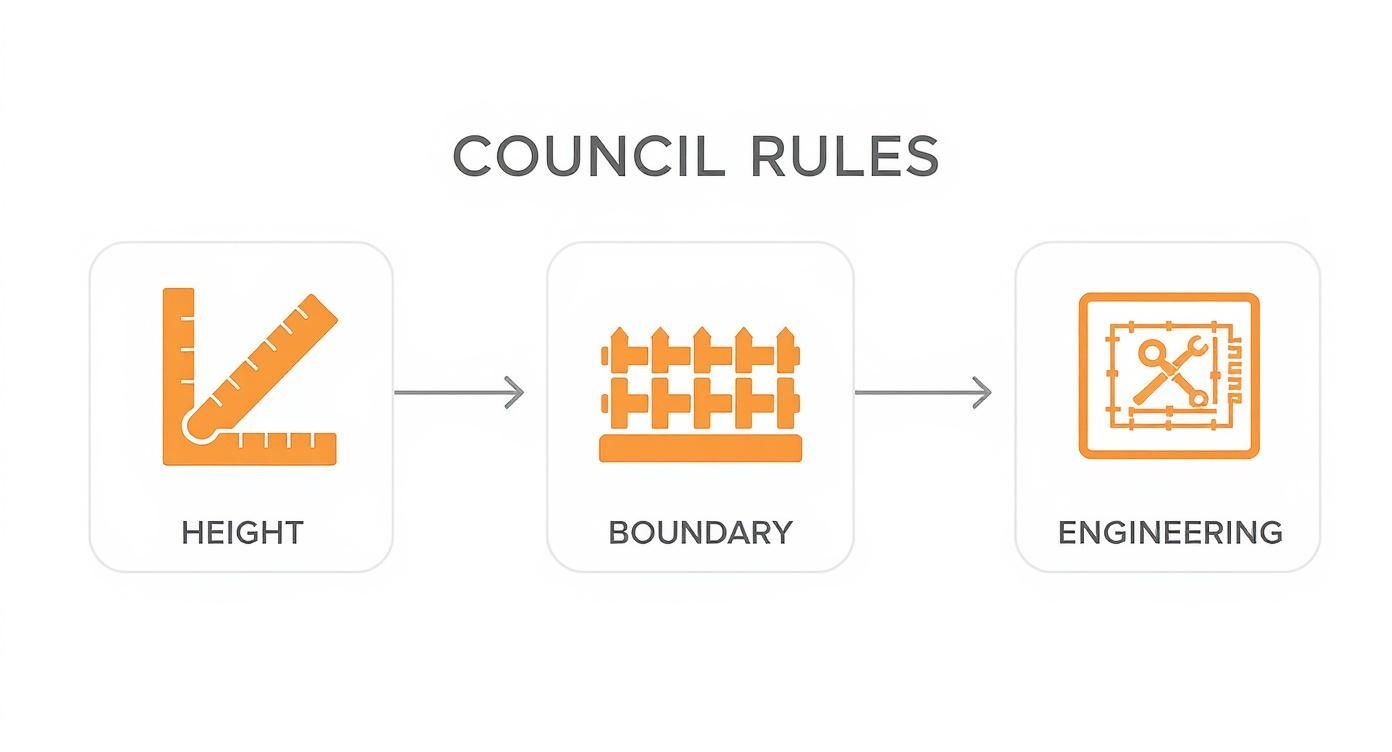 Infographic showing the process flow for council rules, including icons for height, boundary, and engineering.