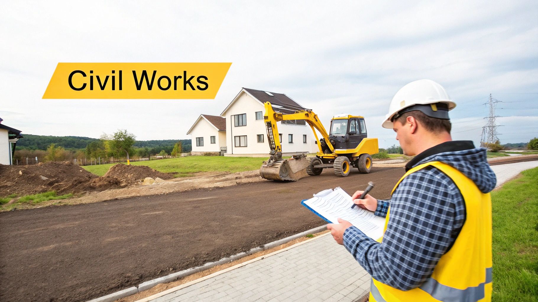A civil engineer is inspecting a construction site with an excavator and new houses, making notes on a clipboard.