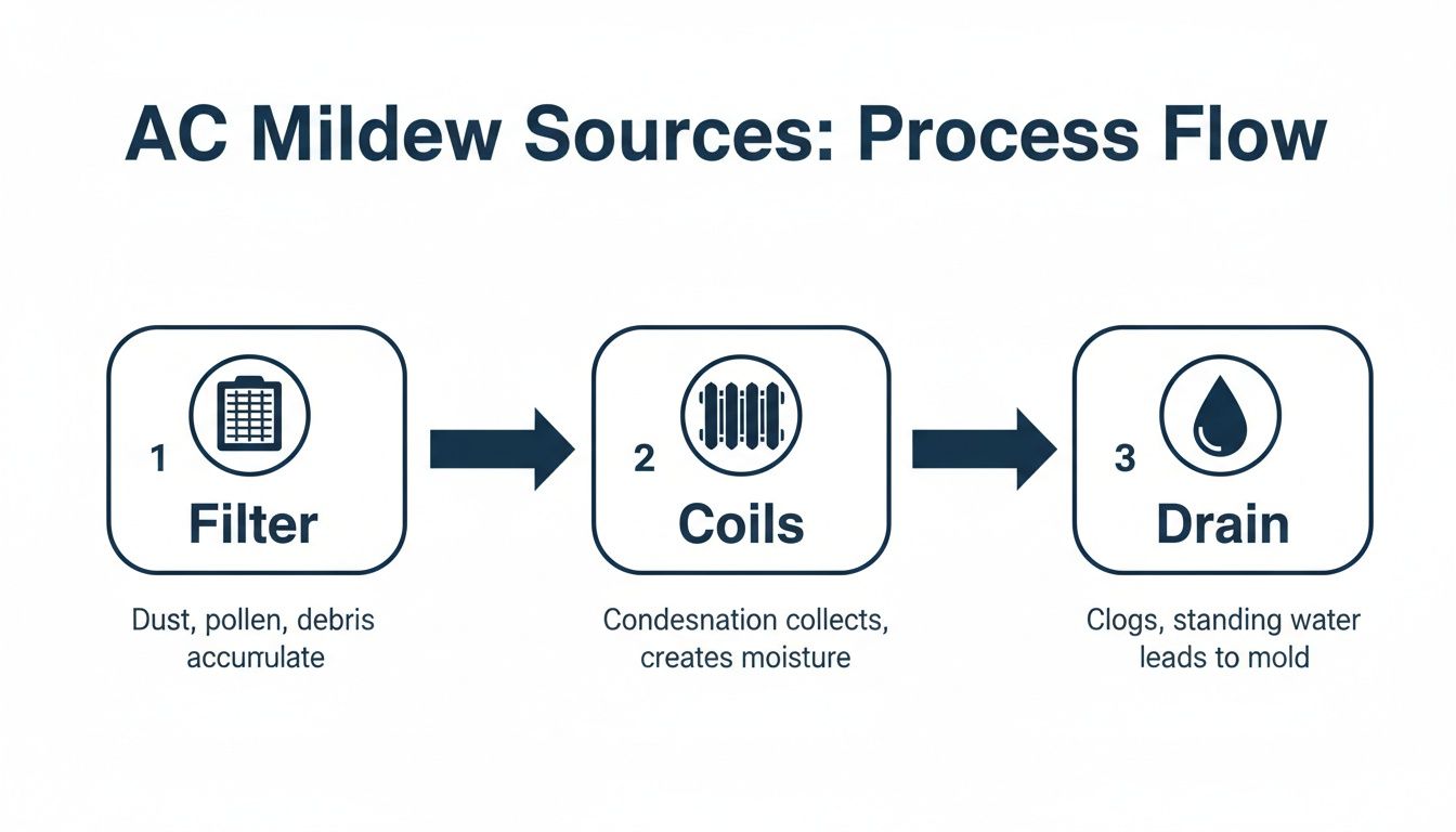 A process flow diagram showing AC mildew sources: filter, coils, and drain, detailing moisture and mold development.