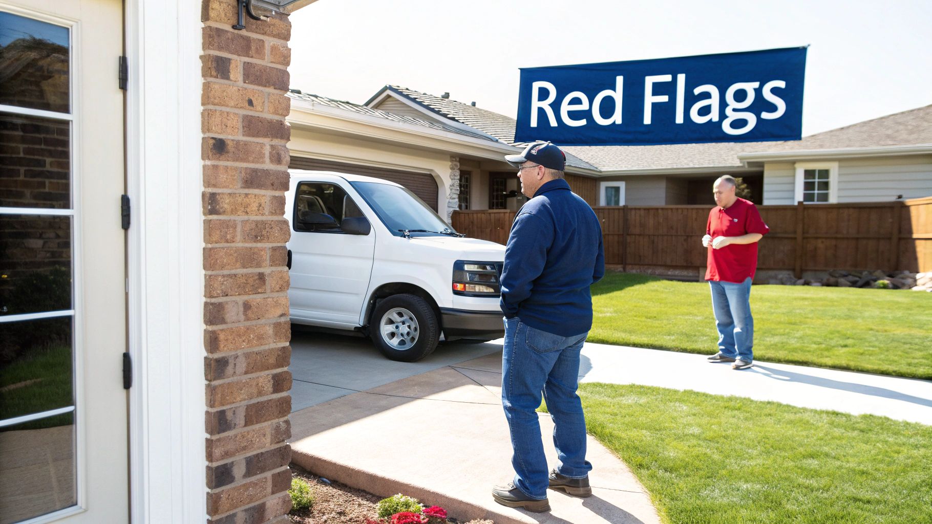 Two men stand outside a home, with a white van and a prominent 'Red Flags' banner.