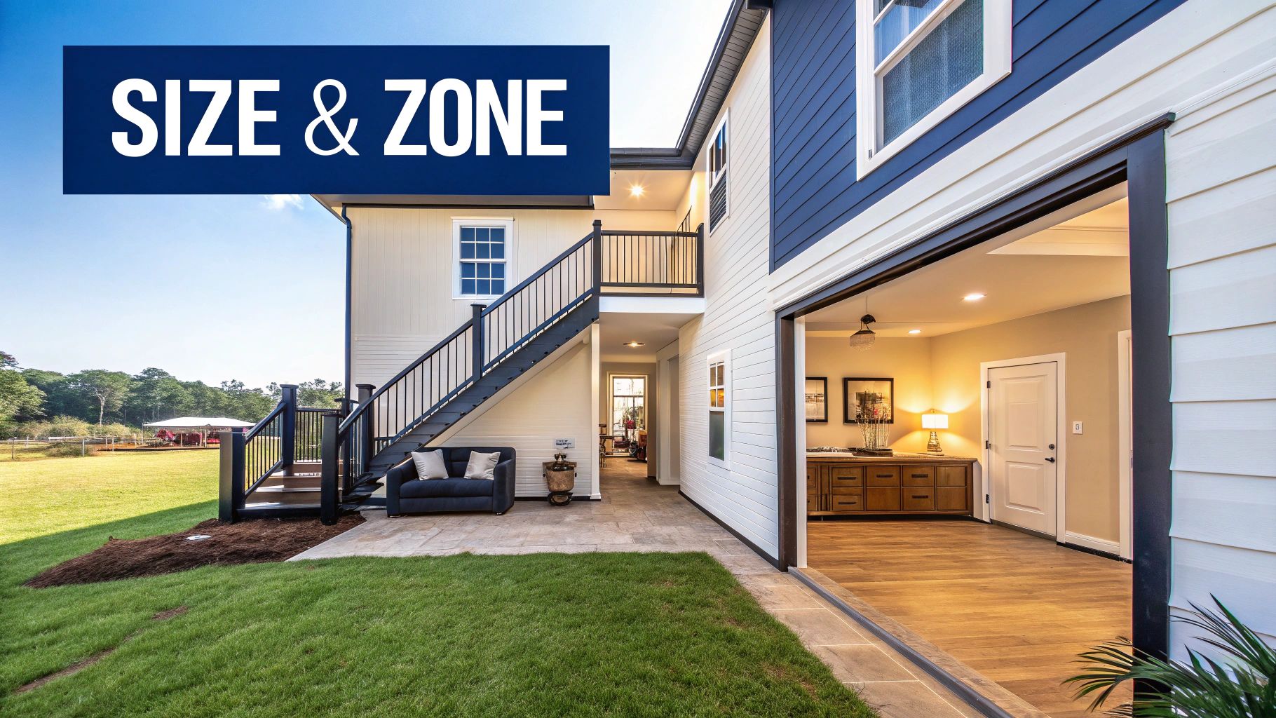 Modern house exterior with a white and blue facade, outdoor patio, dark stairs, and a view of a grassy field.