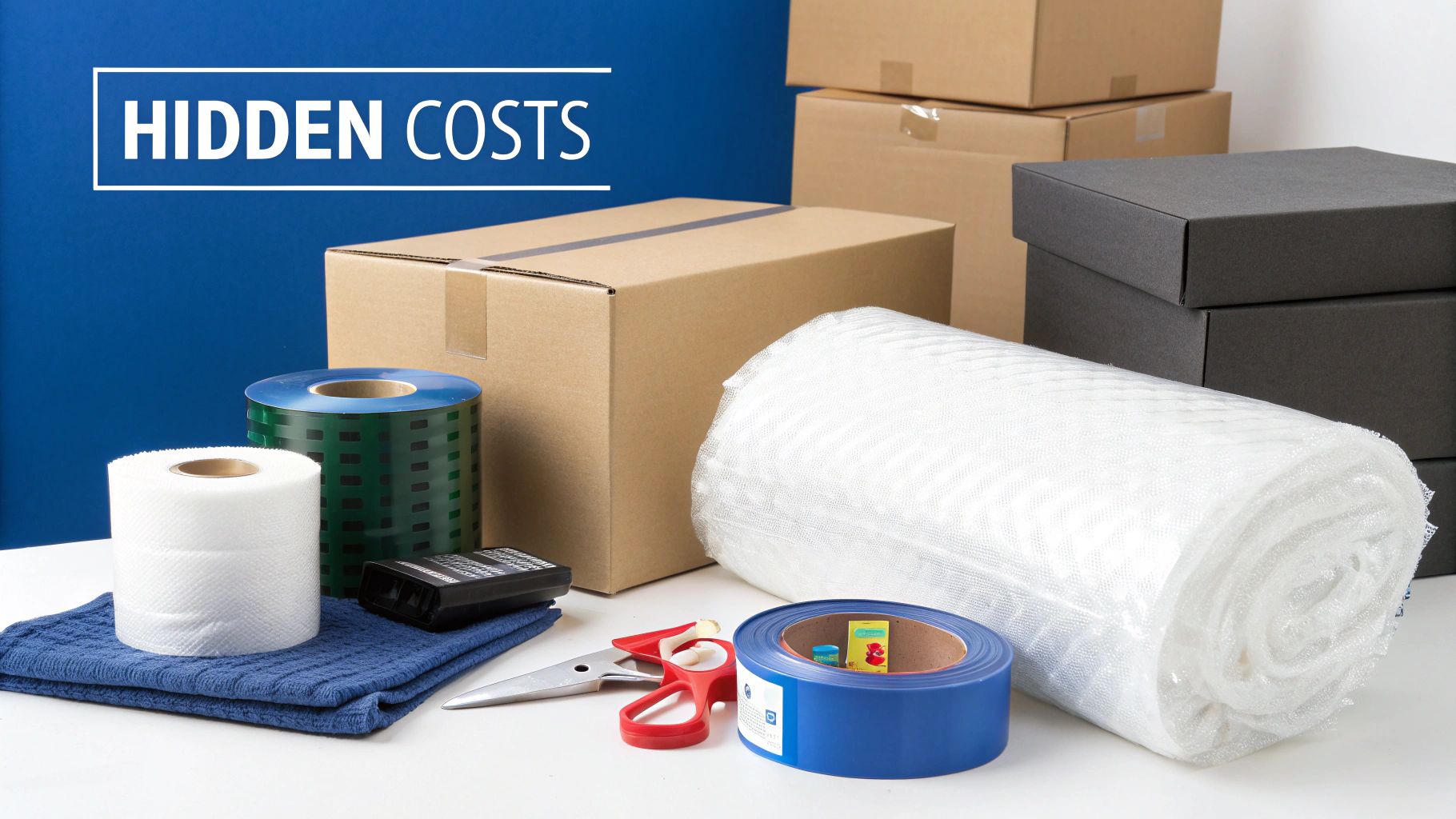 Various packing supplies including cardboard boxes, bubble wrap, and tape, with text 'HIDDEN COSTS' on a blue wall.