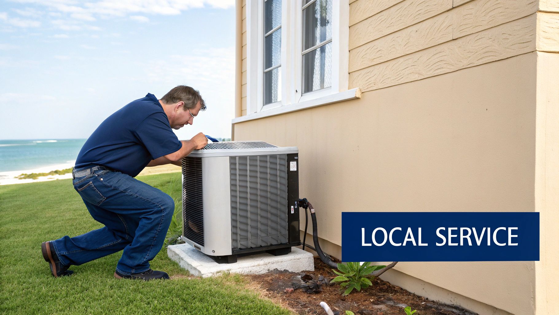 A technician inspects an outdoor air conditioning unit next to a house by the sea.
