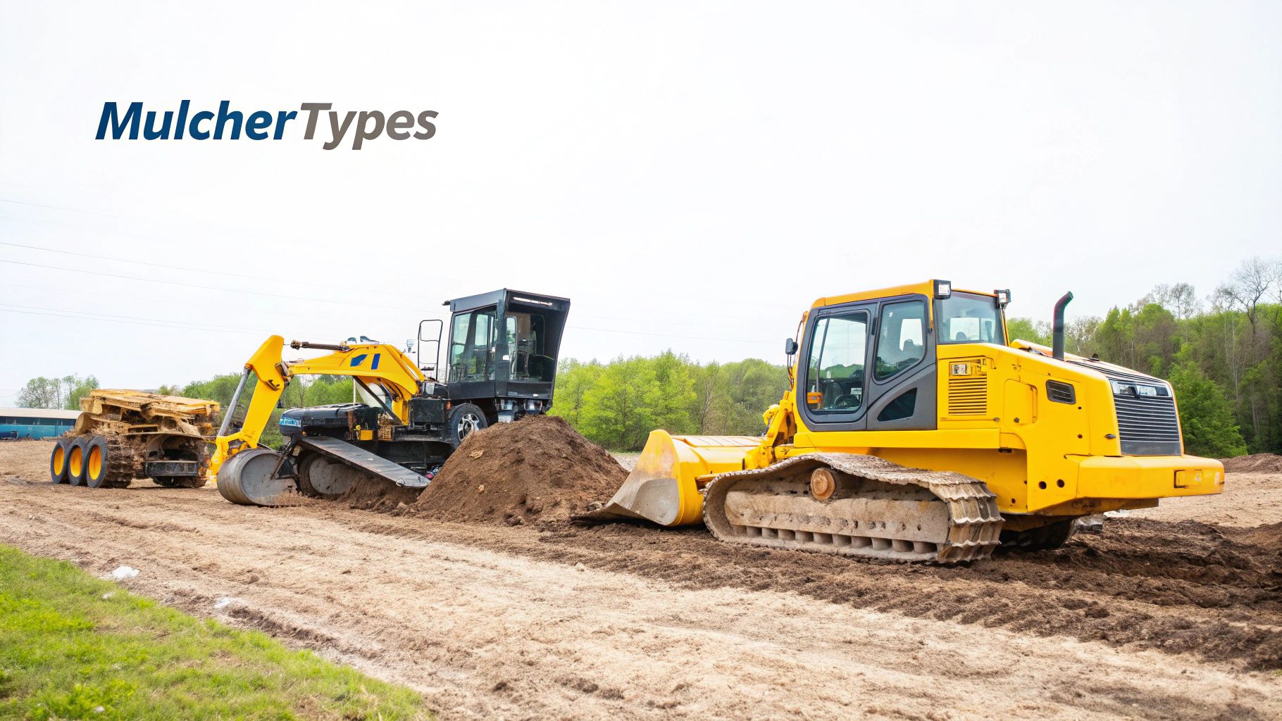 A powerful excavator fitted with a forestry mulching head attachment, clearing thick scrub on a sloped property.