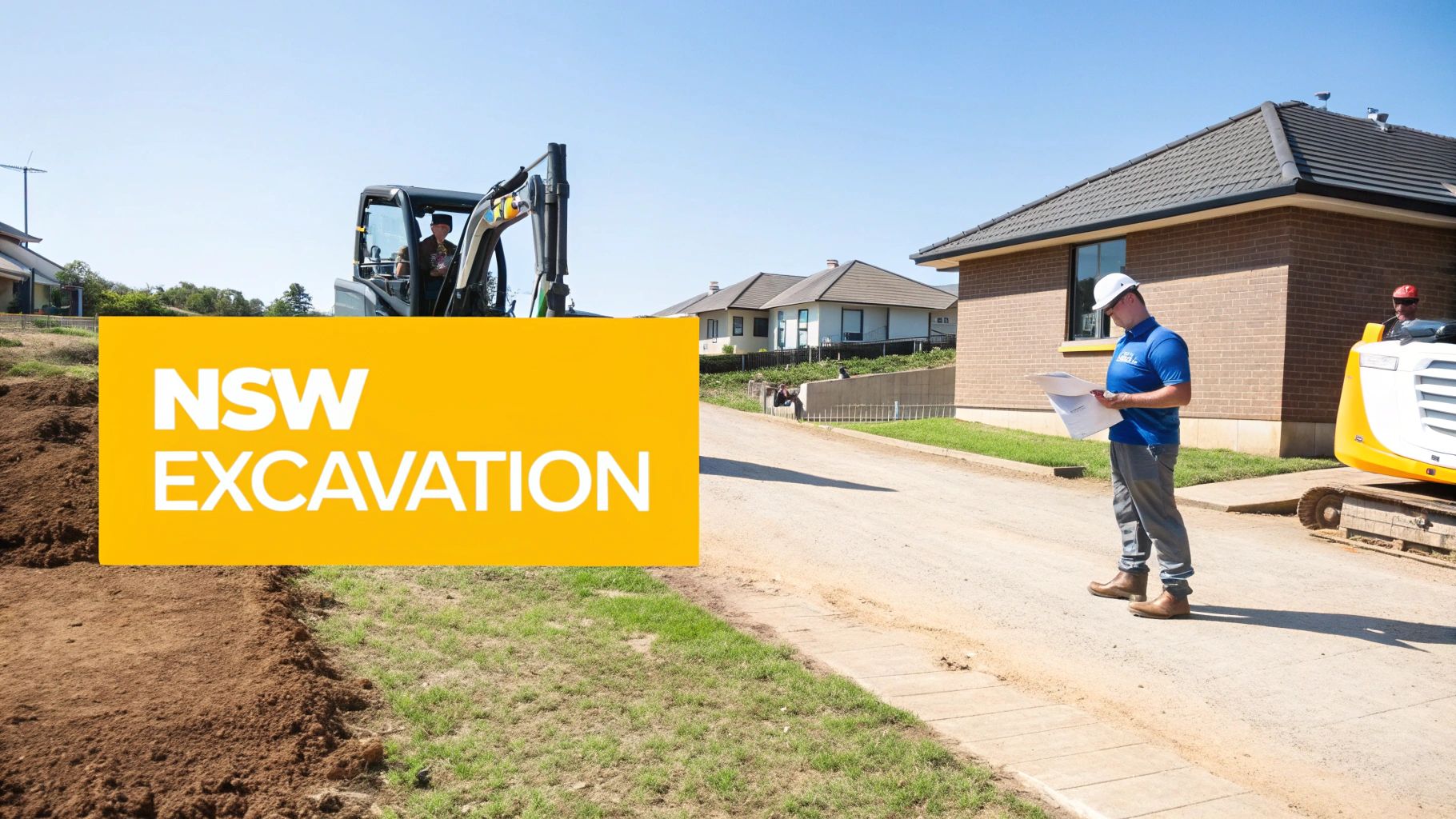 A construction worker with plans on an excavation site, with an excavator and houses in the background.