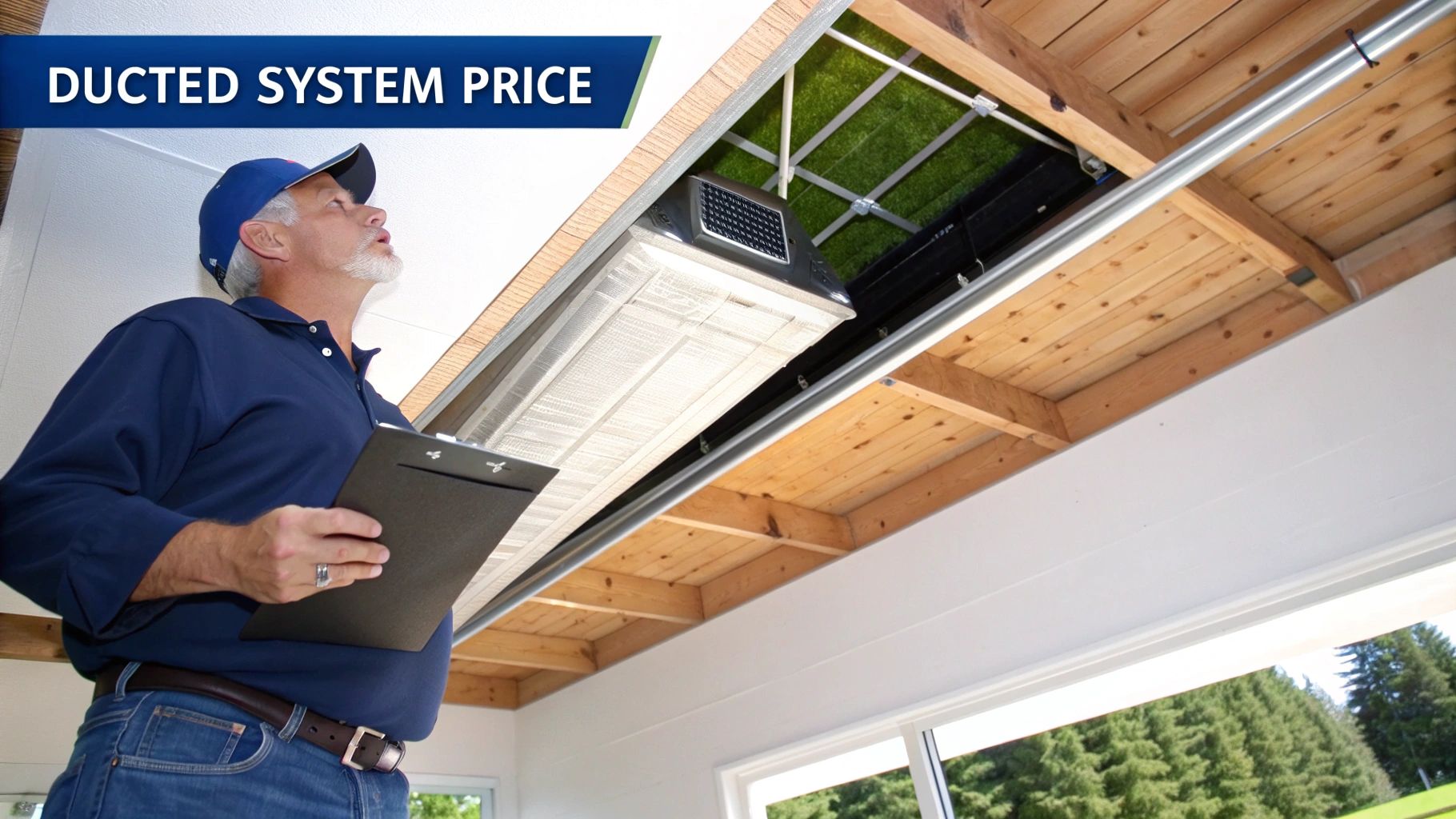 A man in a cap inspecting a ducted air conditioning system installed in a ceiling with exposed wood beams.