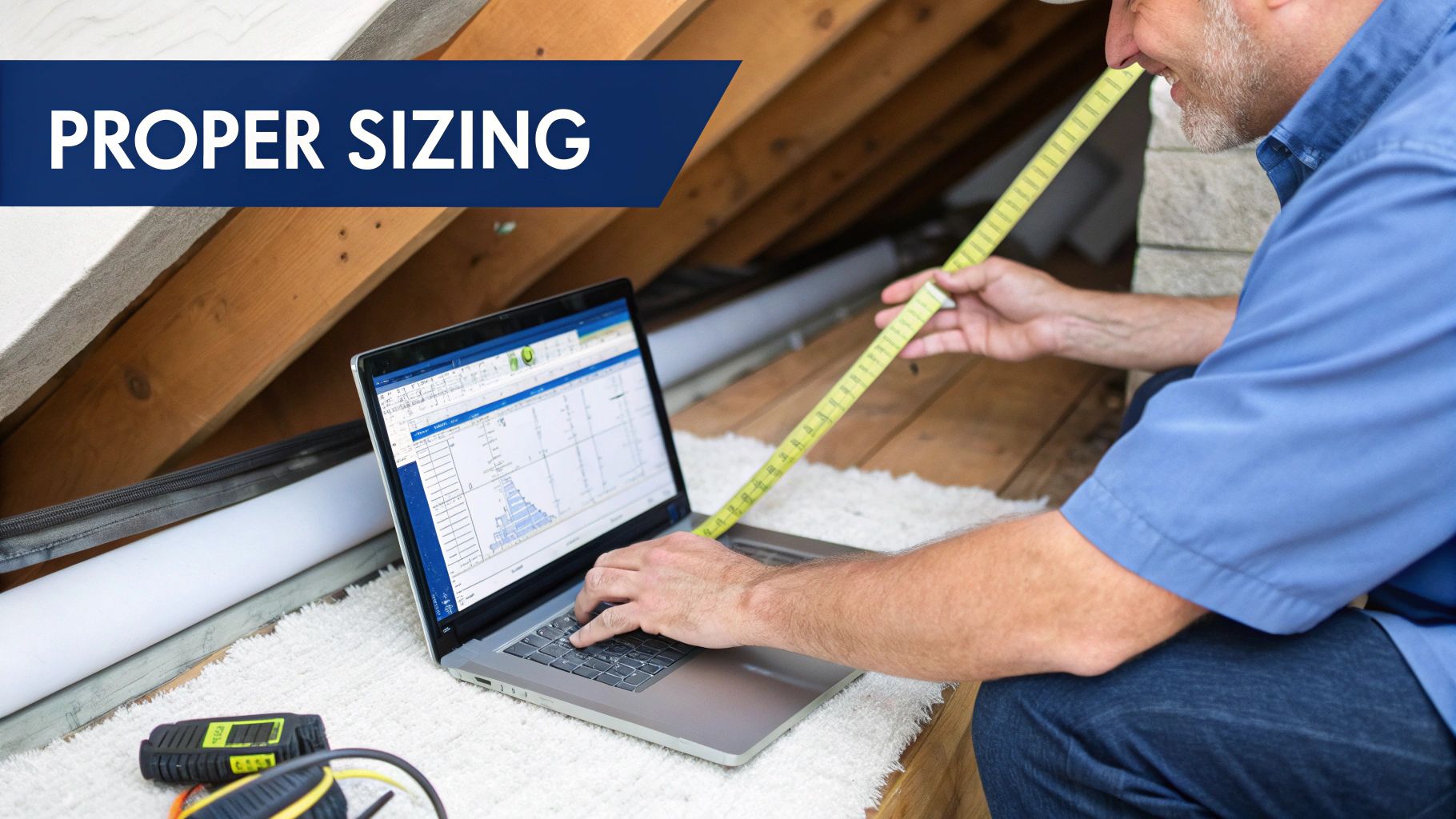 A certified technician using a tablet to calculate the correct size for a ducted air conditioner system.