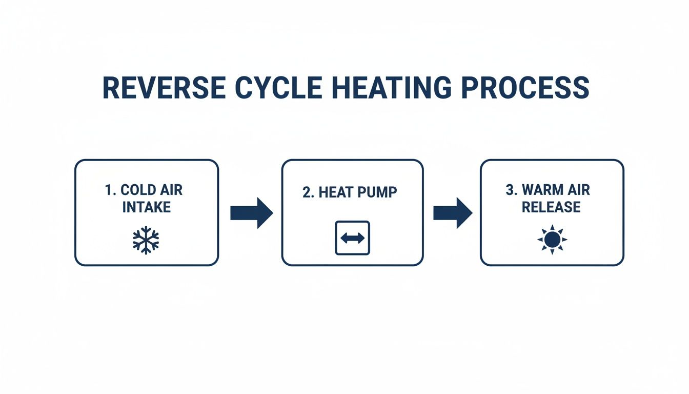 Diagram illustrating the reverse cycle heating process, showing cold air intake, heat pump, and warm air release.