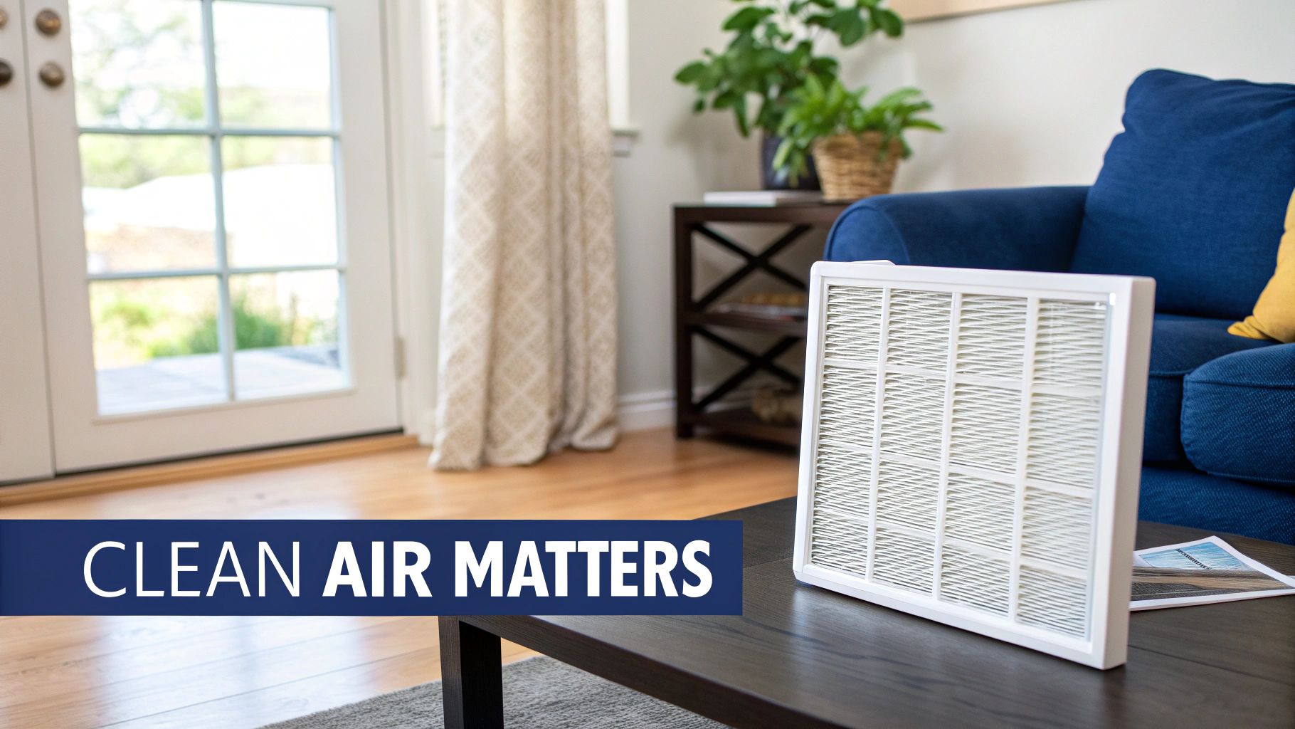 A clean white air filter stands on a coffee table in a bright living room with text 'CLEAN AIR MATTERS'.